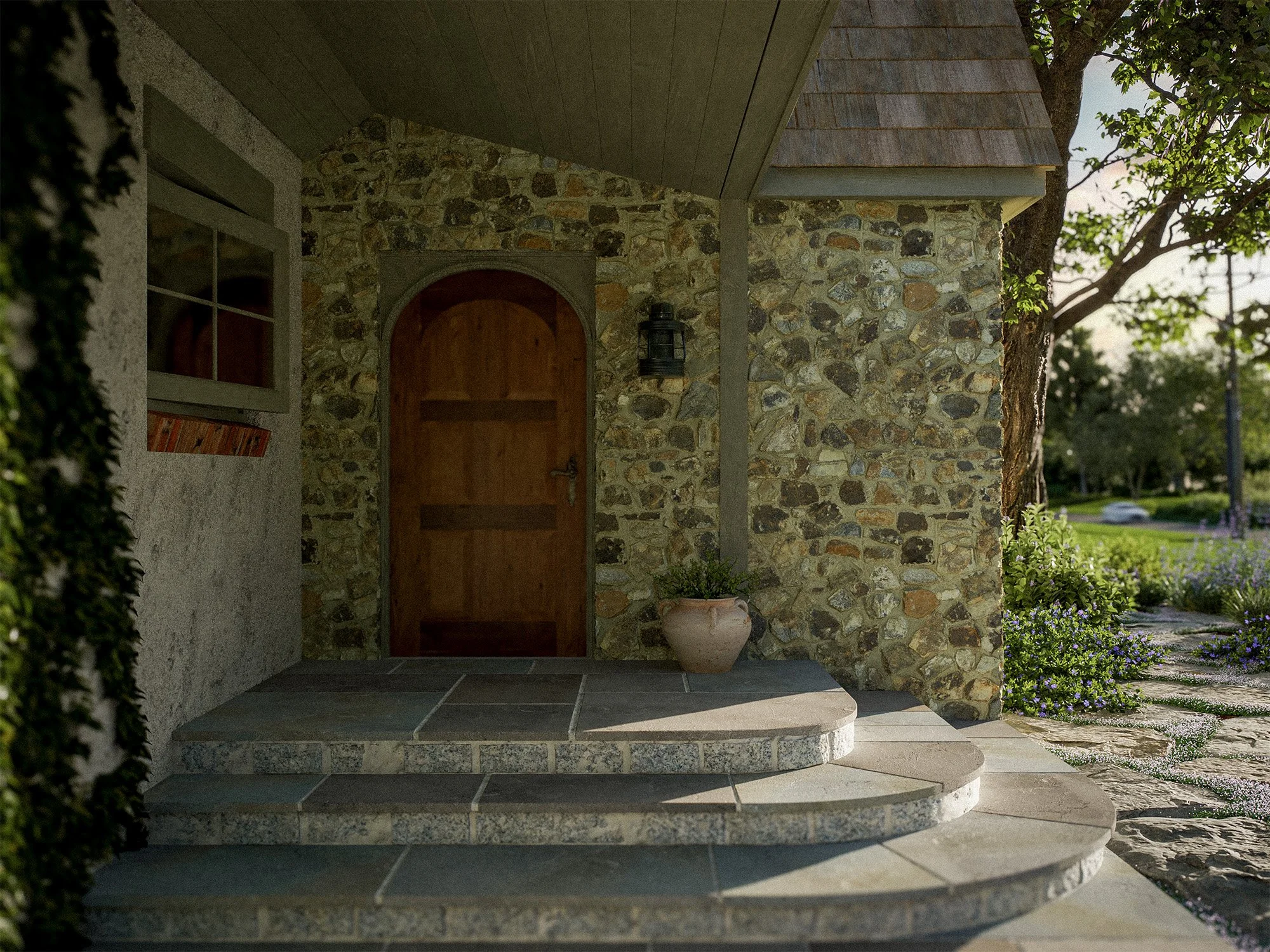 3D rendering of a front porch of a house with steps leading up to a wooden door, stone walls, a small window, a lantern, and a large potted plant, with trees and a street in the background.