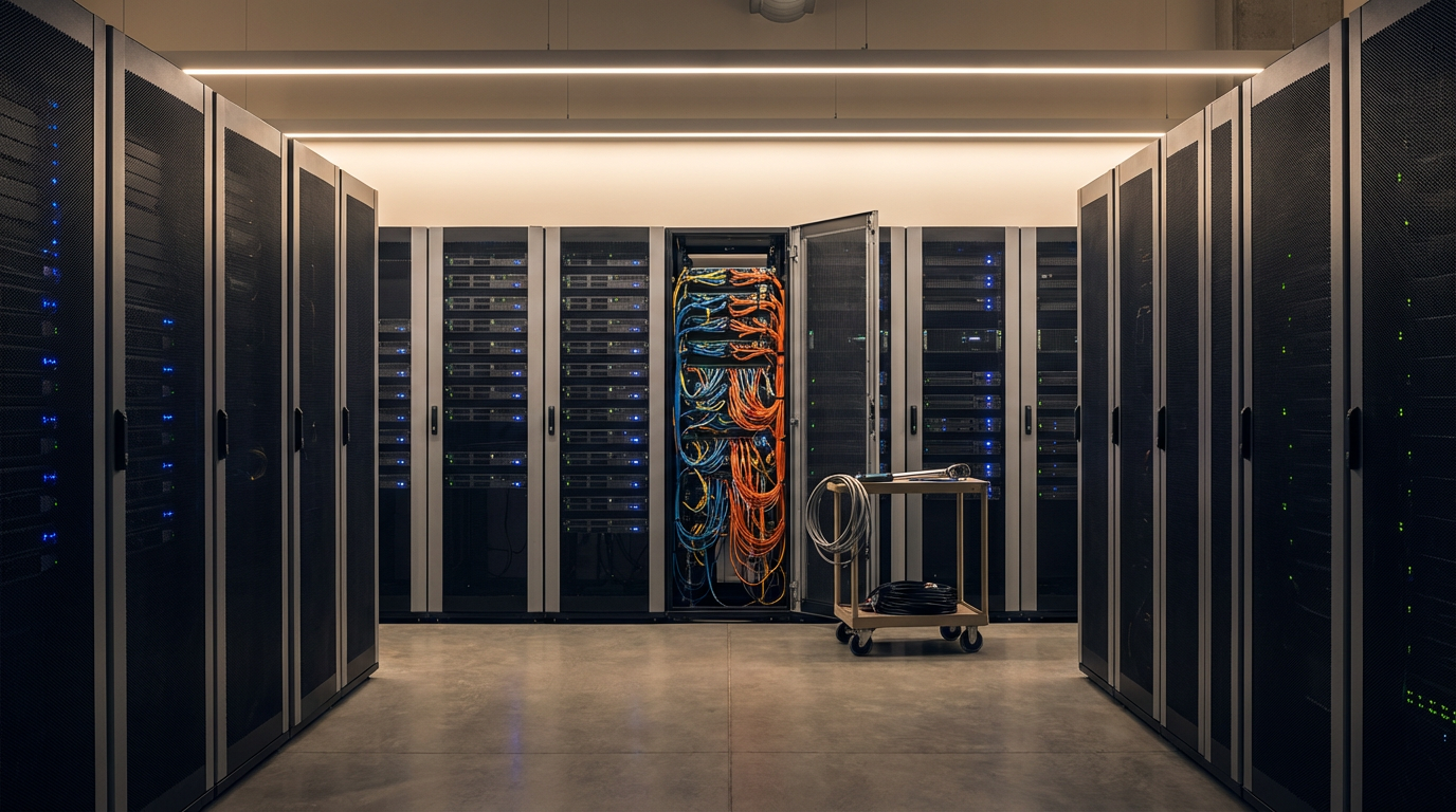 A server room with multiple black server racks on either side, blue and green indicator lights, and a central open rack with colorful network cables hanging inside. There is a small wheeled cart with coiled cables in front of the open rack, on a smooth concrete floor.