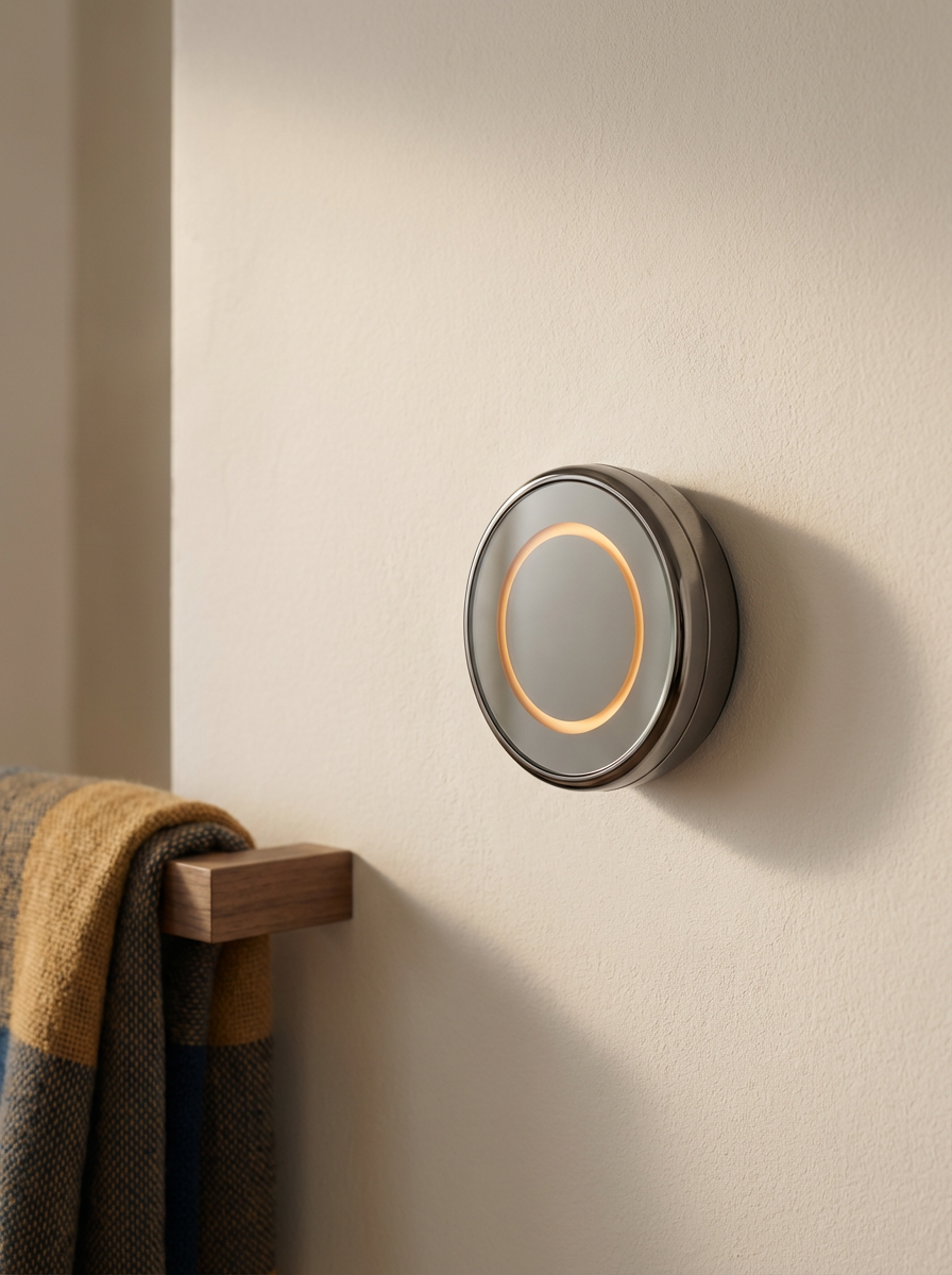 Smart thermostat mounted on a beige wall to the right of a wooden towel rack with a folded towel.