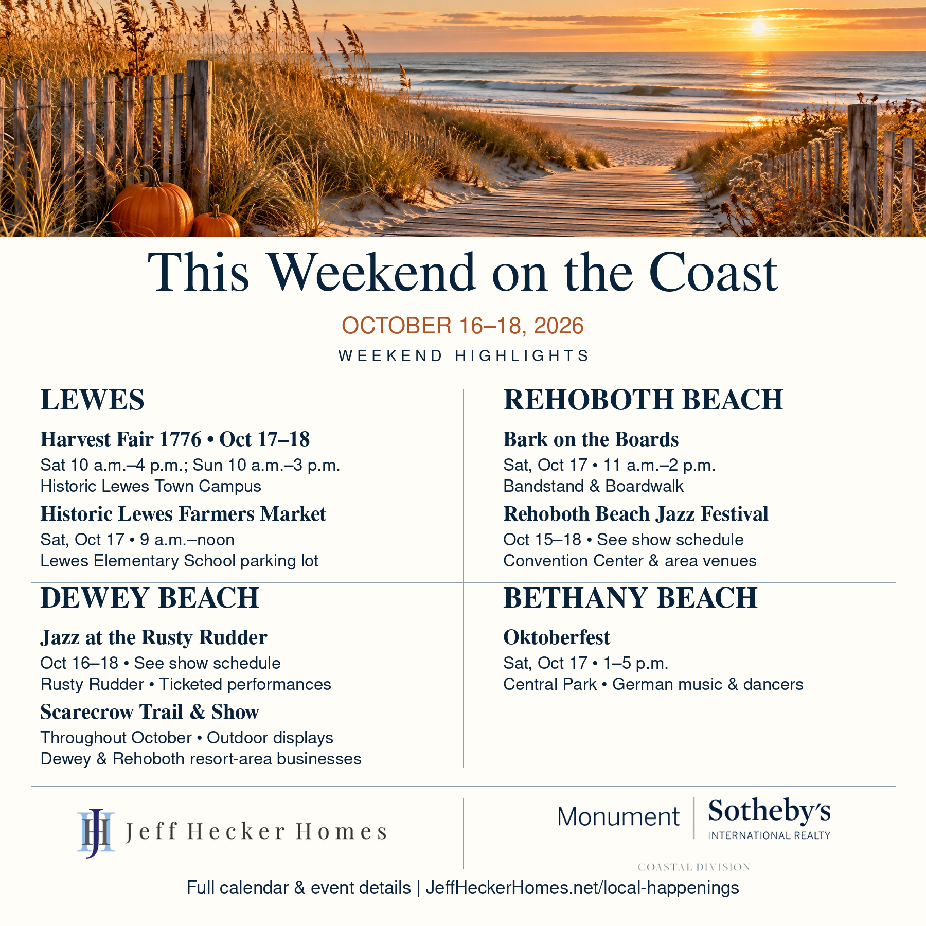October 16–18, 2026 weekend highlights in Lewes, Rehoboth Beach, Dewey Beach and Bethany Beach.