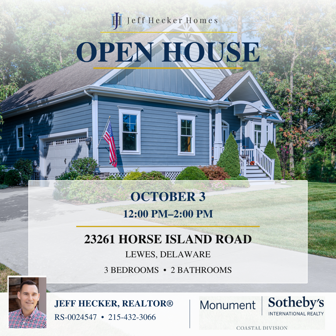 Open house at 23261 Horse Island Road, Lewes, Saturday October 3, 2026, noon to 2 p.m. Eastern. View property details.