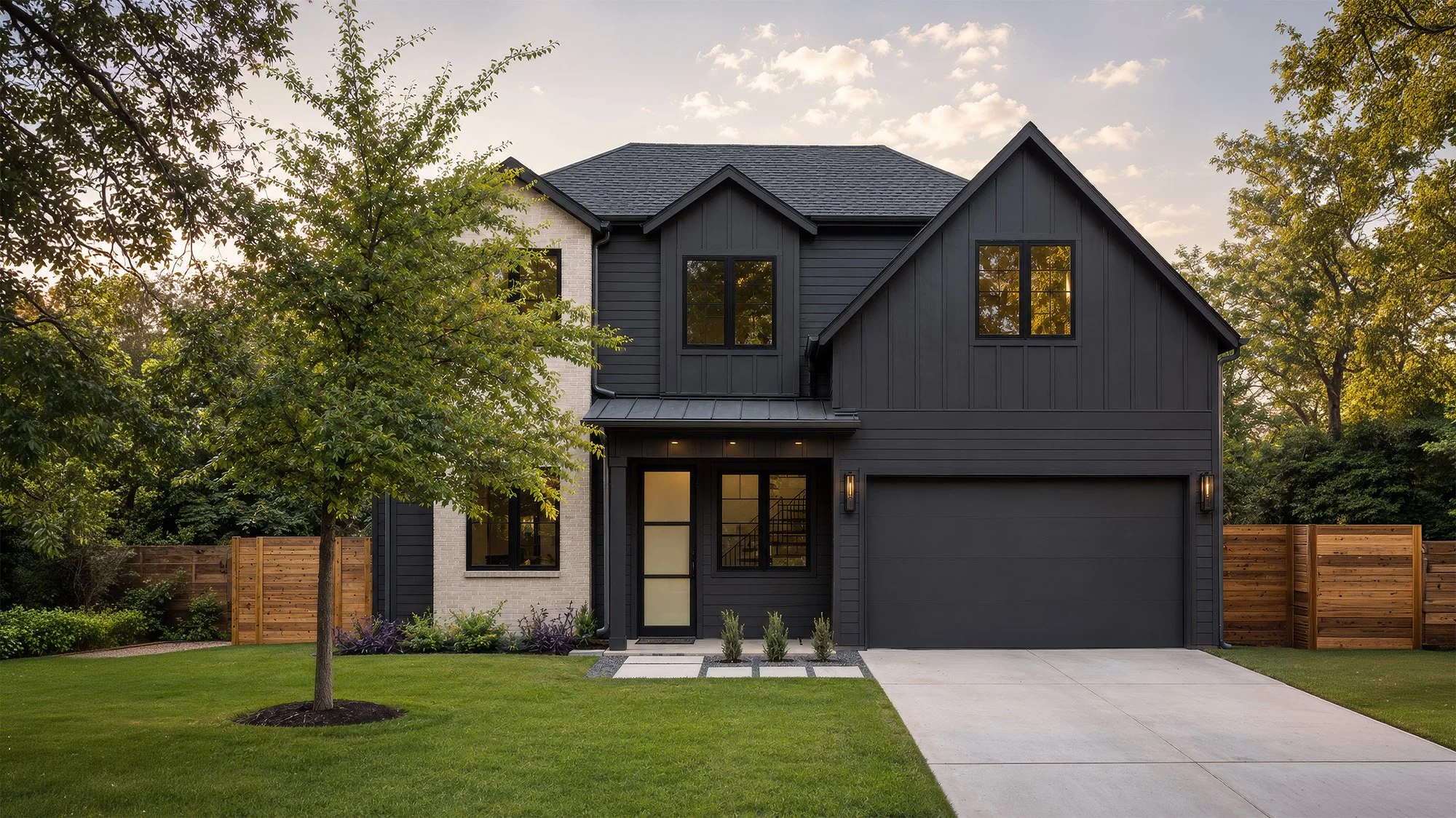 A modern two-story house with black siding and white brick accents, front yard with green grass, trees, and a concrete driveway leading to a closed garage, under a partly cloudy sky during daylight.