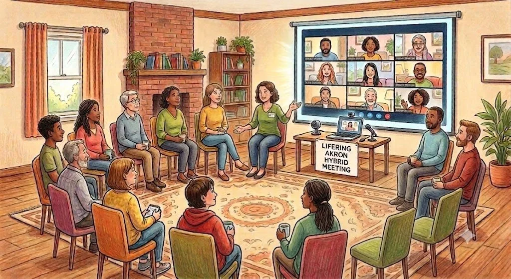 A hybrid meeting with people in a room and on a video call on a large screen, with a sign that reads 'Lifering Akron Hybrid Meeting' on a table.