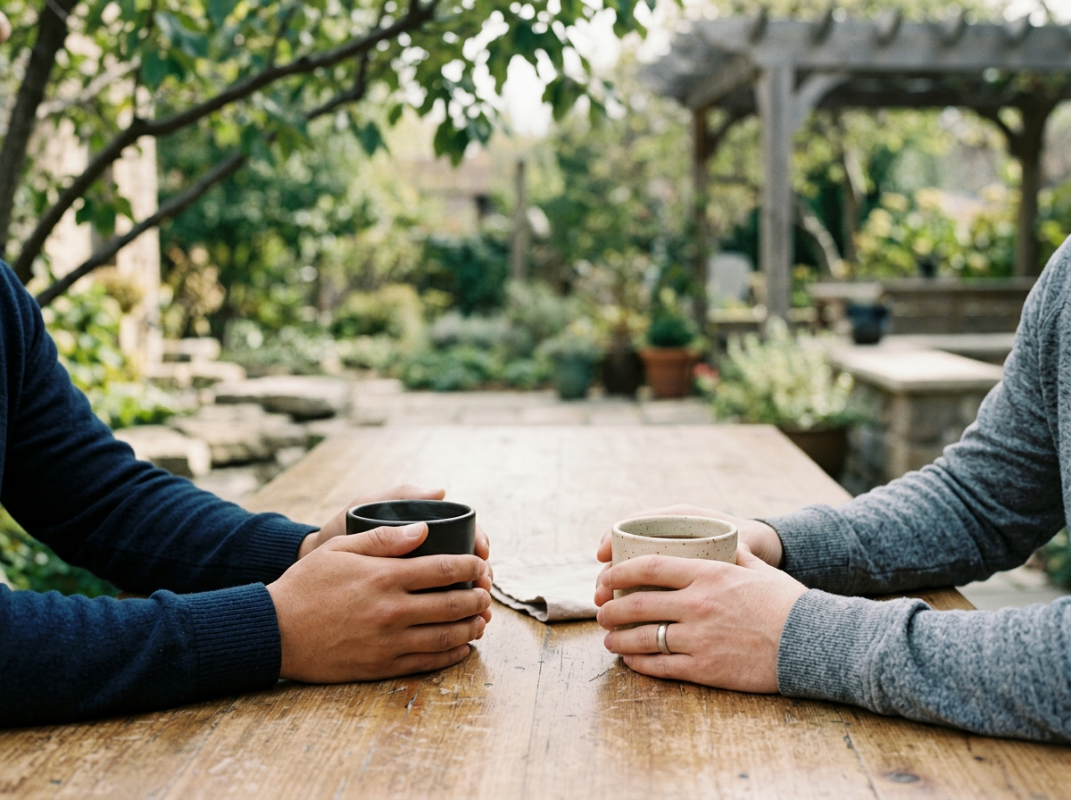 Two people sitting at a wooden table outdoors, holding ceramic coffee cups, with a lush garden in the background.
