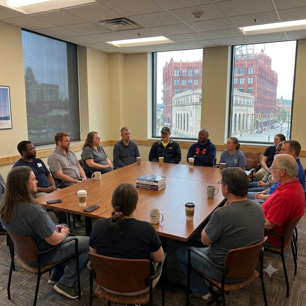 People sitting around a rectangular conference table in a room with large windows showing city buildings outside.