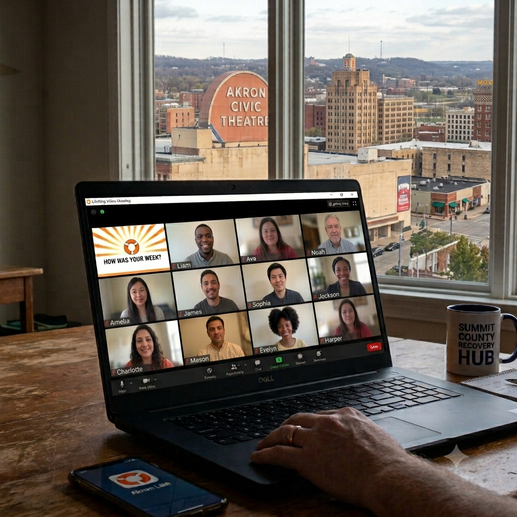 A person participating in a virtual meeting on a laptop, with a city skyline visible through the window behind them. The laptop screen shows multiple people in a Zoom call, and there is a mug that reads 'SUMMIT COUNTY RECOVERY HUB' on the table.