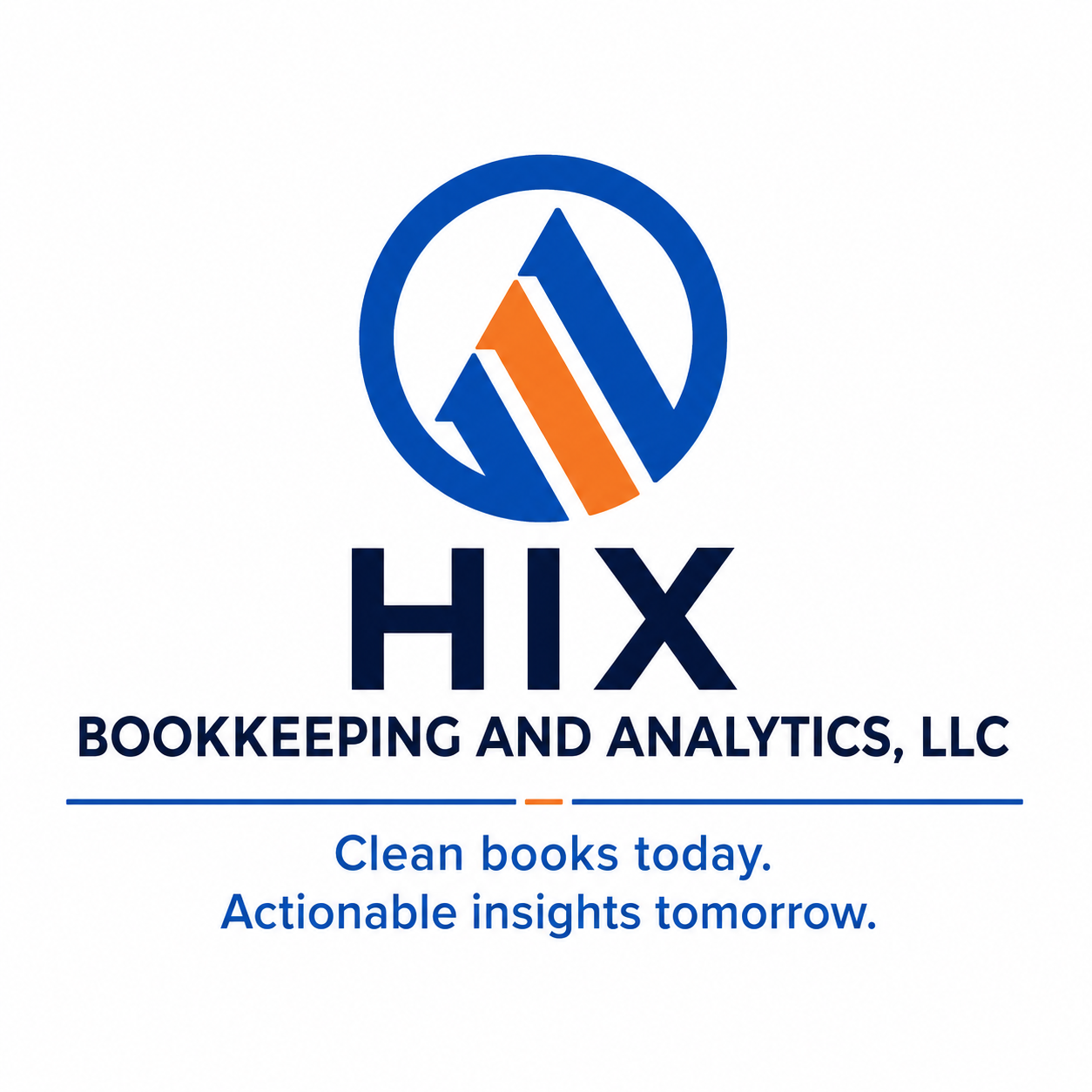 Logo for HIX Bookkeeping and Analytics, LLC featuring a stylized mountain inside a circle, with the words 'HIX' and the tagline 'Clean books today. Actionable insights tomorrow.'