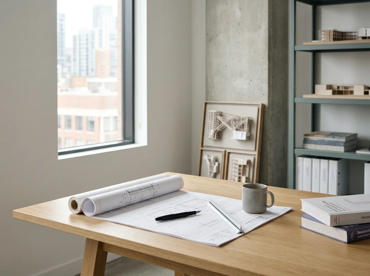 Architect's desk with rolled blueprints, architectural plans, ruler, pen, coffee mug, and design books beside a city-view window