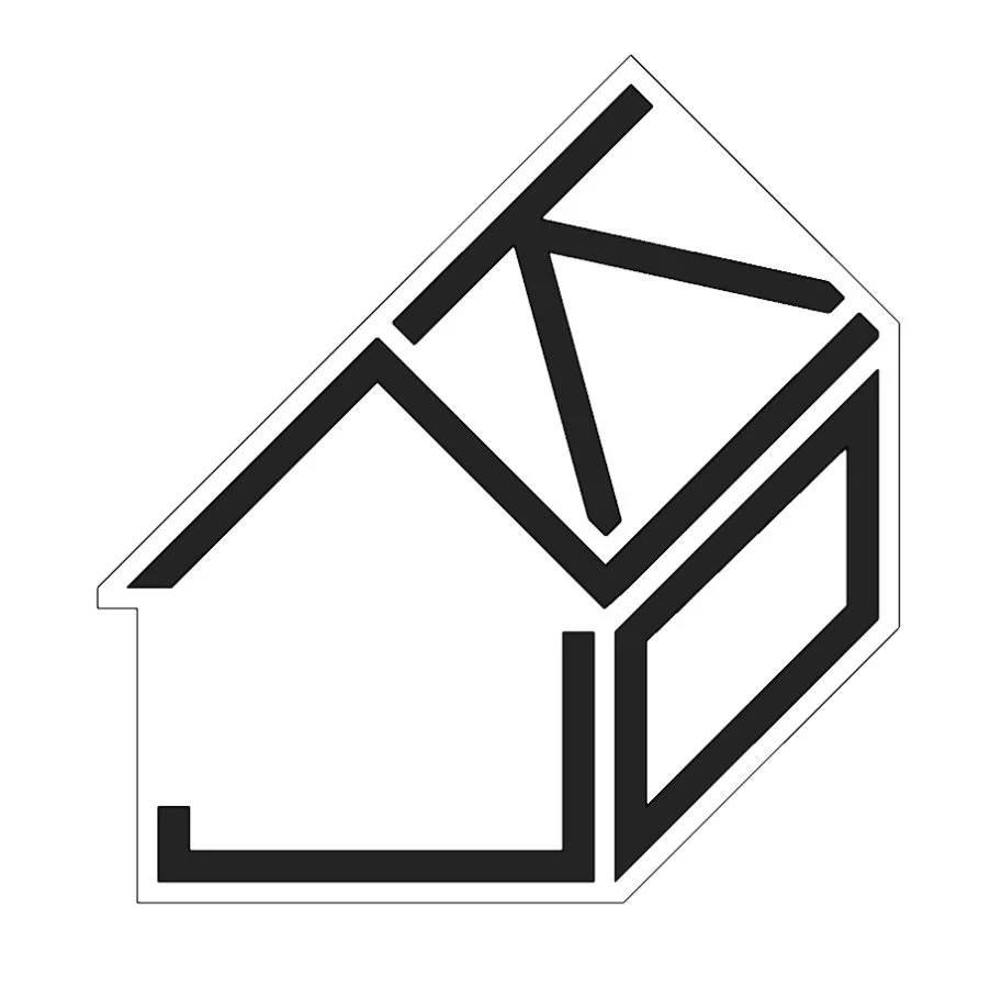 Black geometric line drawing of a three-dimensional house or cube-like structure on a white background