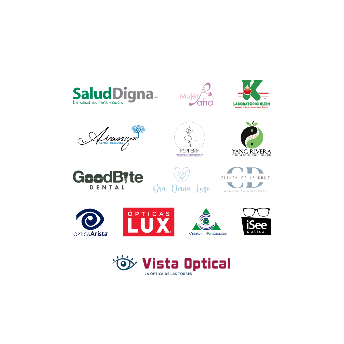 Collection of logos for various healthcare, optical, and wellness businesses, including Salud Digna, Mujer Sana, Laboratorio Klein, Ananza, FUPPEMM, Yang Rivera, GoodBite Dental, Dra. Diana Lugo, Elihen de la Cruz, Ópticas Lux, Visión Ángeles, iSee Optical, and Vista Optical.