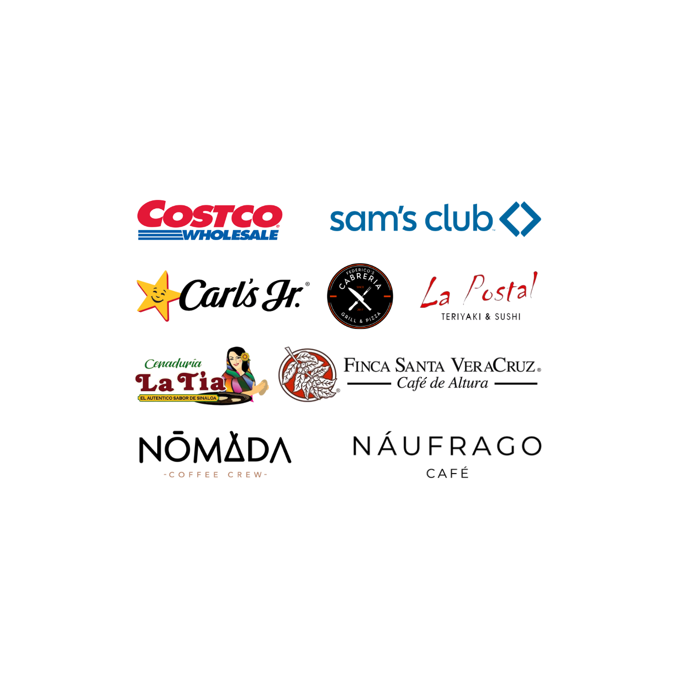 Collection of various restaurant, coffee shop, and retail store logos, including Costco Wholesale, Sam's Club, Carl's Jr., La Cabrería Grill & Pizza, La Postal Sushi and Teriyaki restaurant, La Tía Cenaduría, Finca Santa Vera Cruz Cafe de Altura, Nomada Coffee Crew, and Náufrago Cafe.