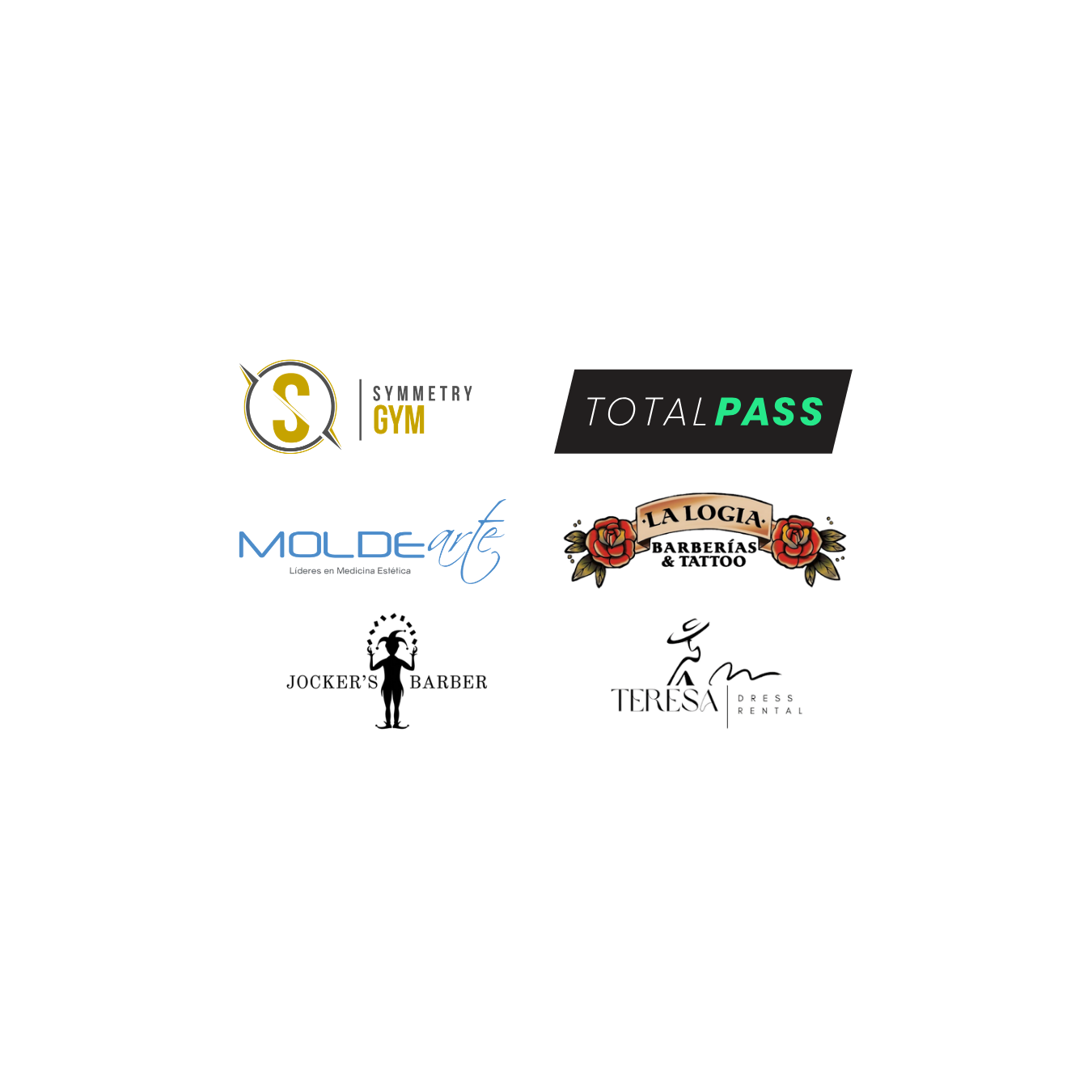 Collection of logos for various businesses, including a gym, a beauty and aesthetic medicine clinic, a barber shop, a dress rental service, and others.