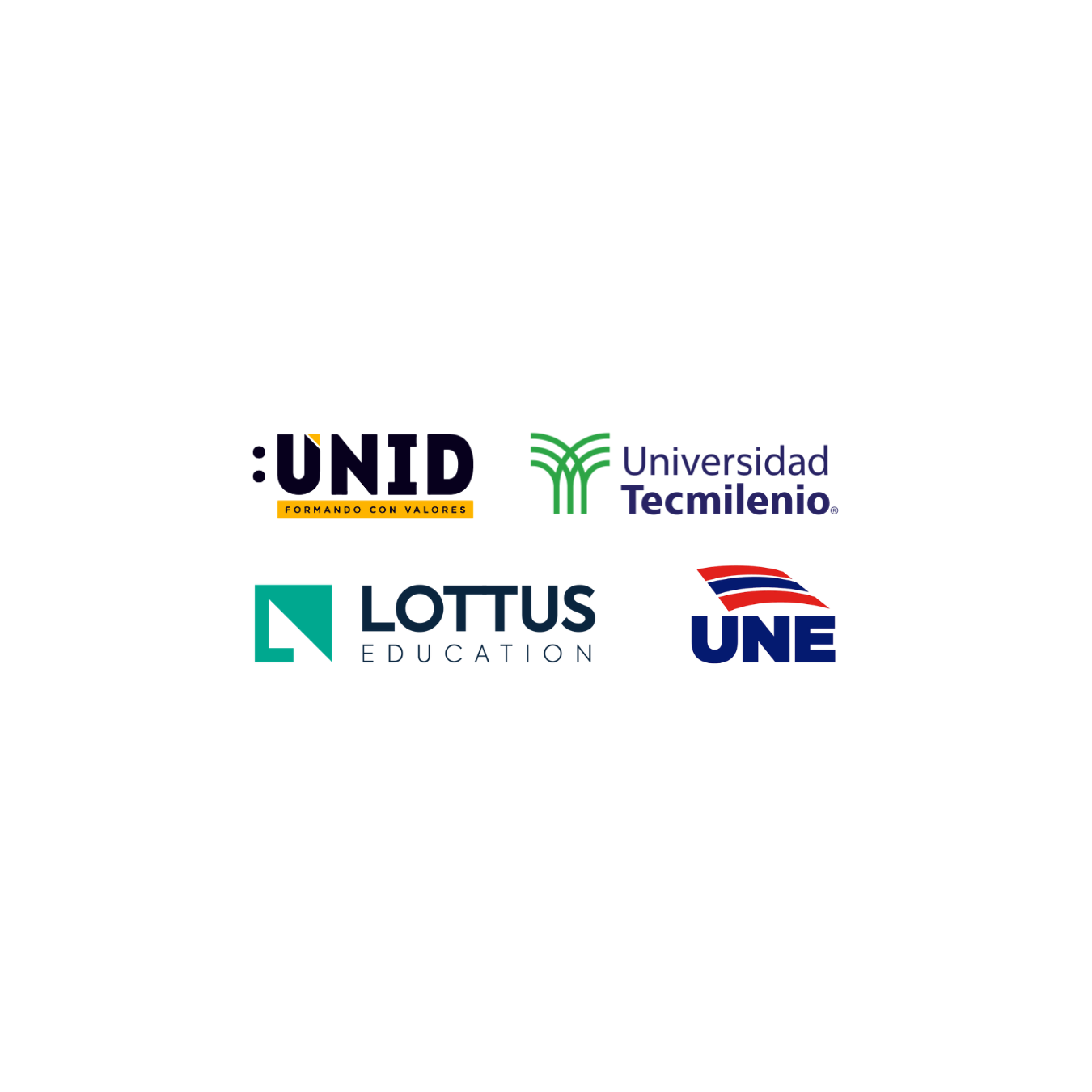 Logos of four educational institutions: UNID, Universidad Tecmilenio, Lottus Education, and UNE.