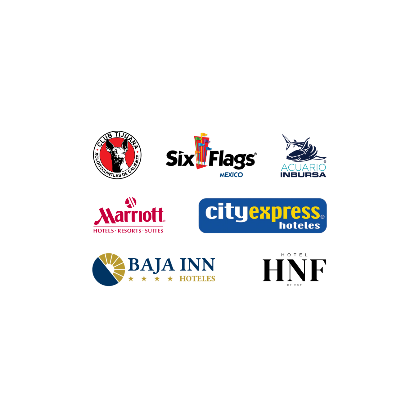 Collection of various hotel, resort, and brand logos, including Six Flags Mexico, Club Tijuana, Aquario Inbursa, Marriott, City Express, Baja Inn, and HNF Hotel.
