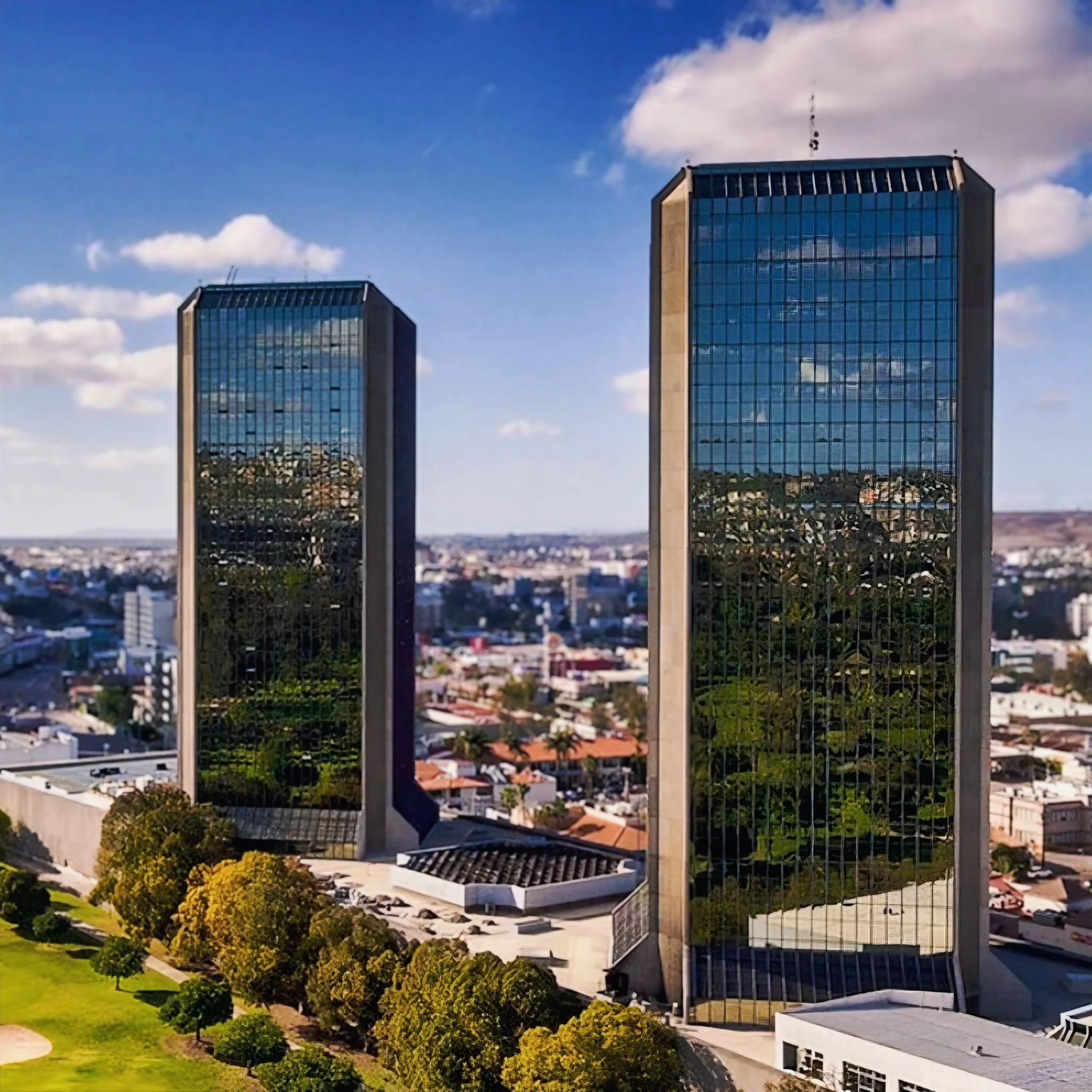 Two modern glass office buildings standing among trees and cityscape under a cloudy sky.