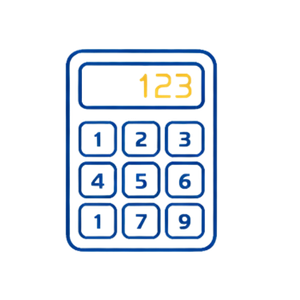 Neon-style electronic calculator with blue outline and yellow numbers displaying 123.