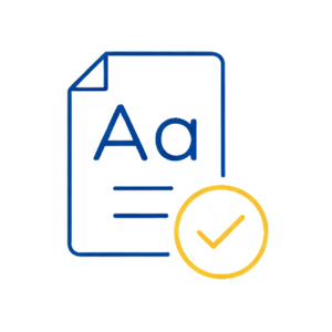 Icon of a document with alphabet letters 'Aa' and lines representing text, a red rectangle, a blue rectangle, and a yellow checkmark in a circle.