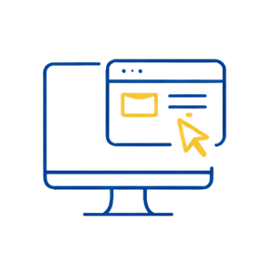Illustration of a computer monitor displaying a webpage with a cursor clicking a yellow button.