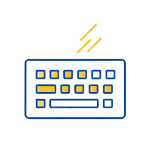 Outline illustration of a computer keyboard with yellow, blue, and white keys, and a red and yellow pencil above it.