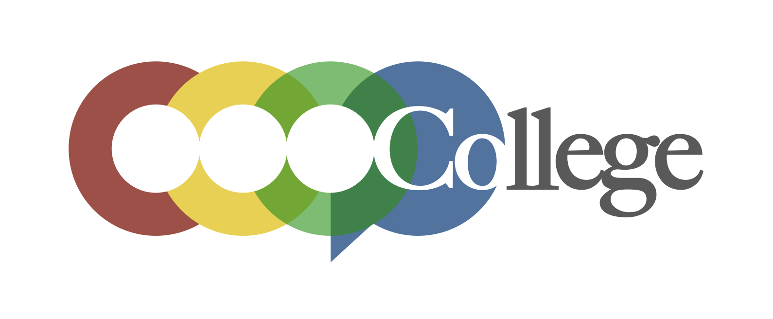 Logo made of rings, red, yellow, green, blue, with the word college