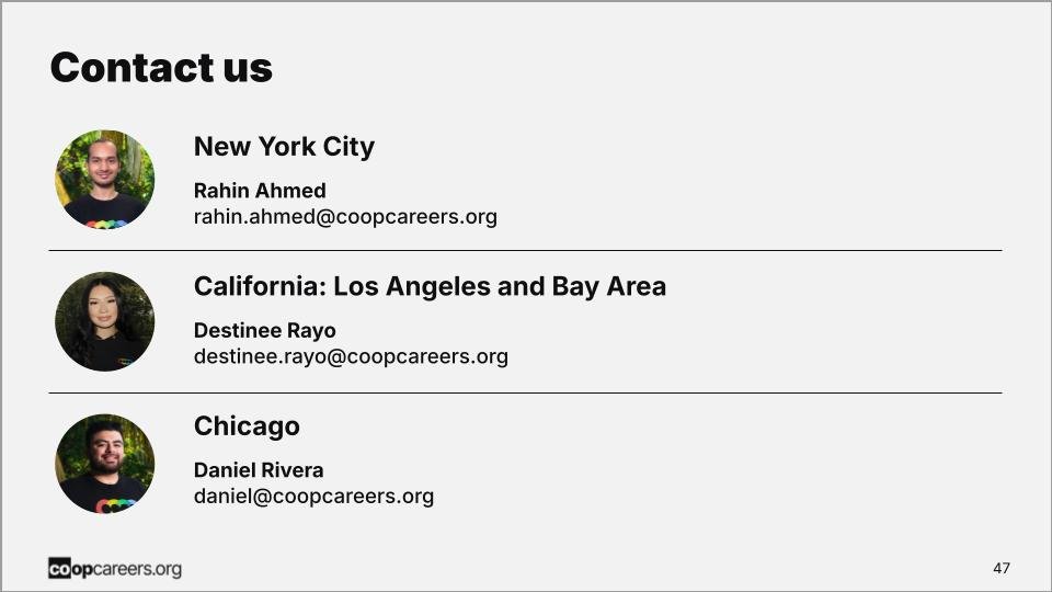 Contact information for individuals in New York City, Los Angeles, Bay Area, and Chicago with their email addresses and photos.