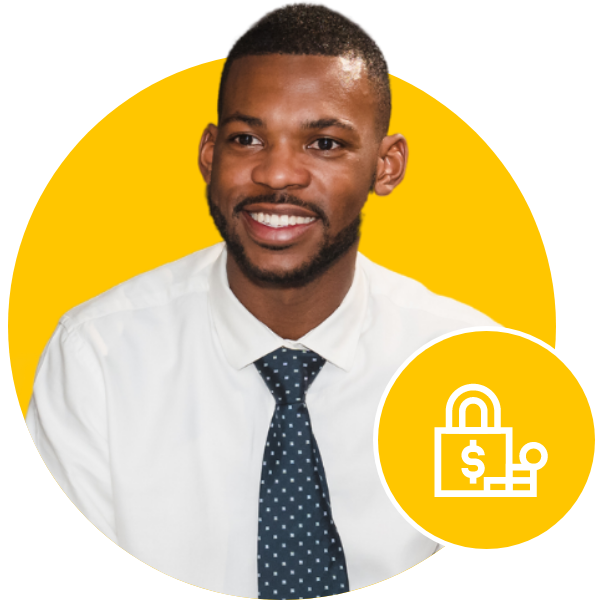 A man with a beard and short hair, wearing a white shirt and a navy polka dot tie, smiling against a yellow background with an overlay of a yellow circle containing a white lock with a dollar sign.