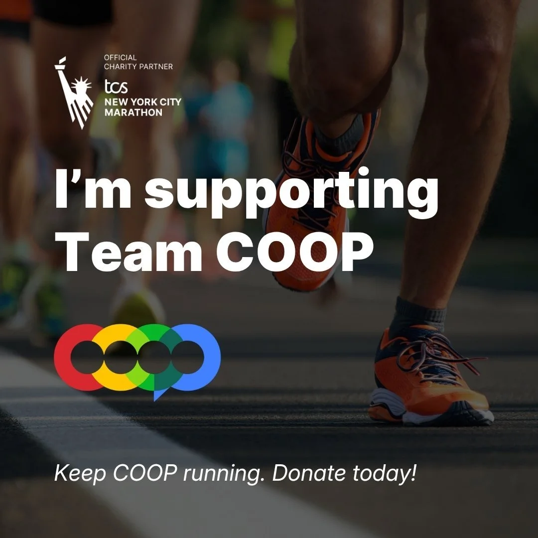 A close-up of a runner's legs and shoes, supporting a campaign for the New York City Marathon, promoting donations to keep COOP running.