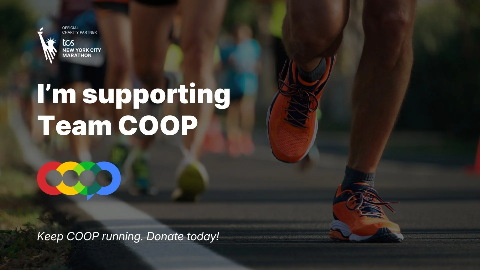 Close-up of a runner's feet in orange shoes jogging on a road during a marathon, supporting the team COOP.