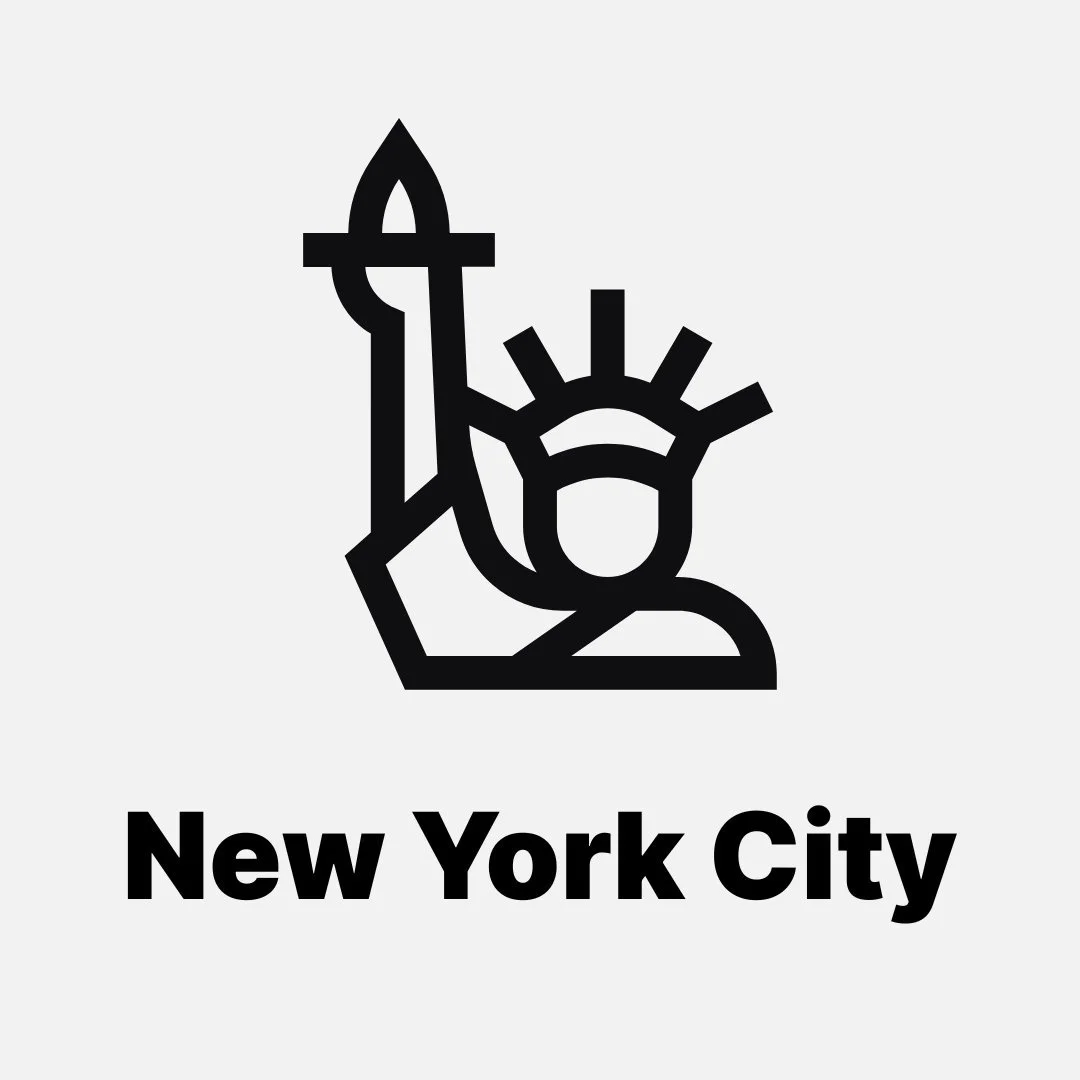 A black and white line drawing of the Statue of Liberty with the text "New York City" underneath, representing a logo or icon related to New York City.