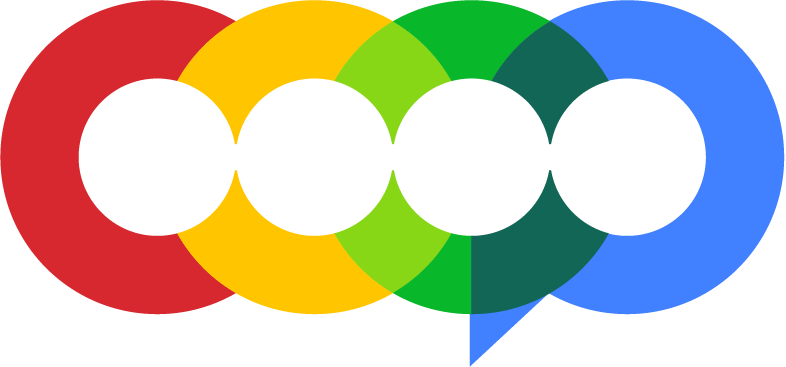 Colorful overlapping circles in red, yellow, green, and blue with black circles in the center and a small speech bubble below the blue circle.