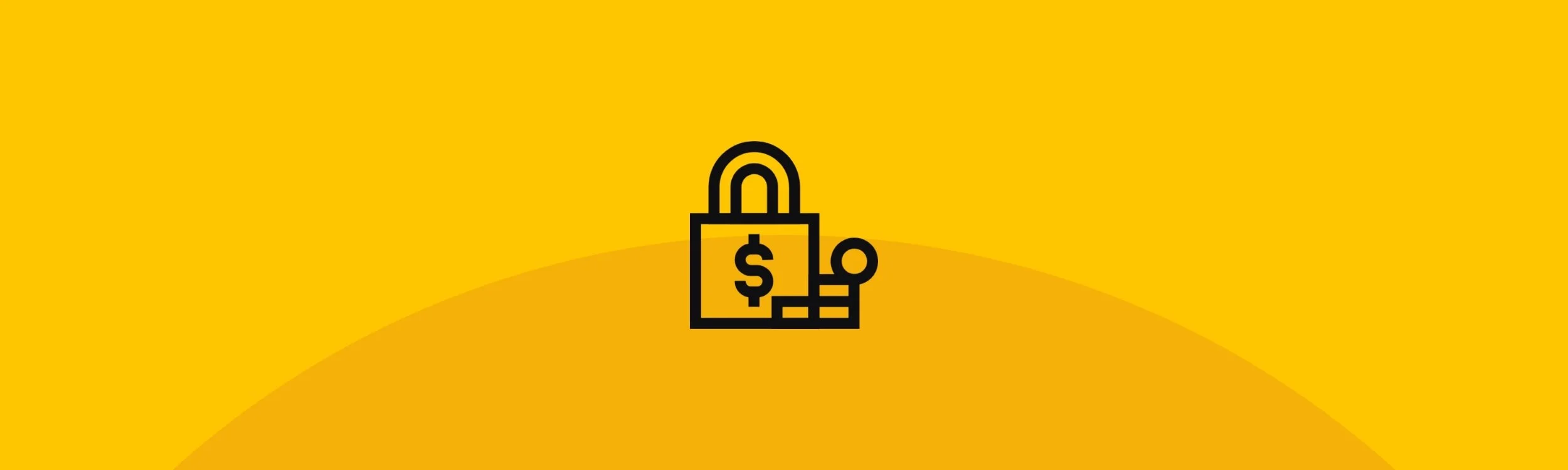 Black line art icon of a lock with a dollar sign on it and a key on a yellow background.