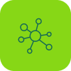 Green square icon with interconnected circles and lines representing a network or connection.