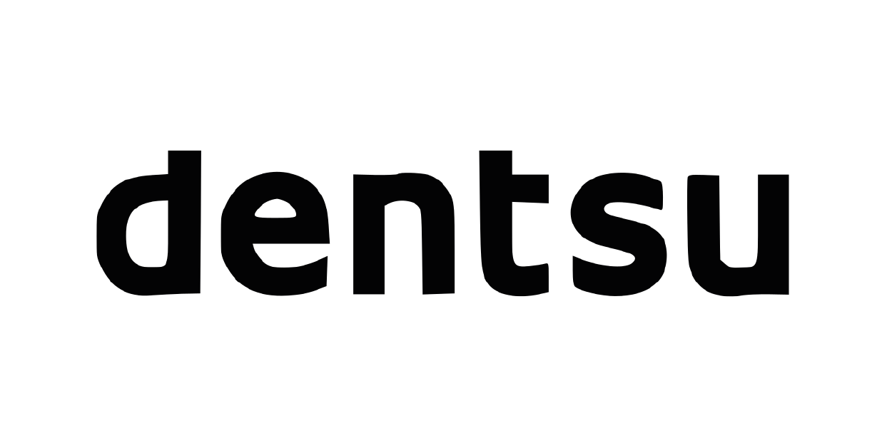 Black background with the Dentsu logo in the center, featuring the lowercase word 'dentsu' with a red arrow above the 'd'