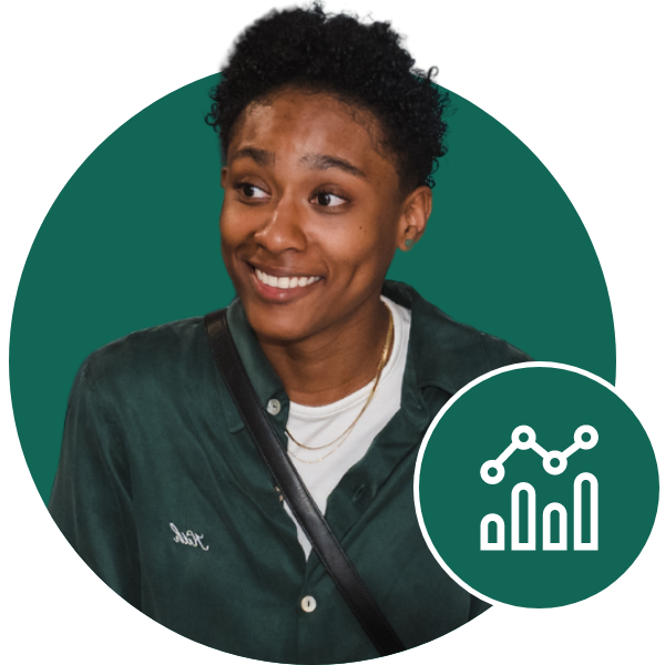 A smiling woman with short curly hair wearing a dark green jacket and a white shirt, with a black strap across her shoulder, set against a teal background with a circular graphic of a bar graph and connected nodes.