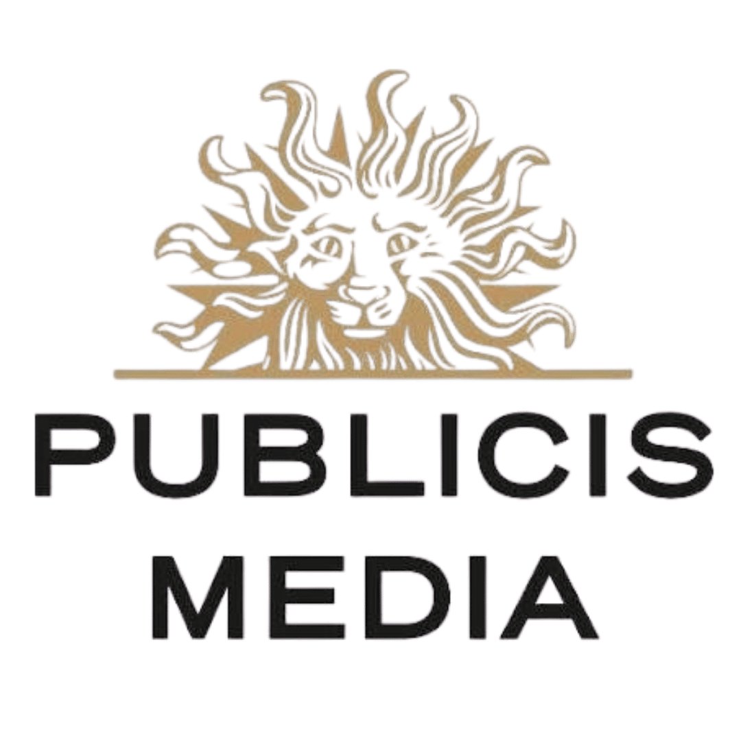 Logo with a stylized face of a lion with mane and the words "Publicis Media" below it.
