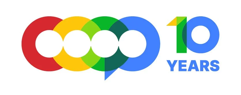 COOP Careers 10th year logo. Four overlapping colorful circles with holes in the center with the number 10 and years written underneath to the right of the logo