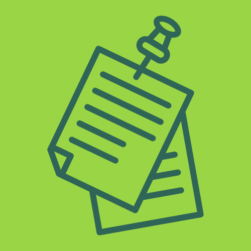 Icon of a pin holding a piece of paper with lines, overlaying another sheet of paper, on a green background.