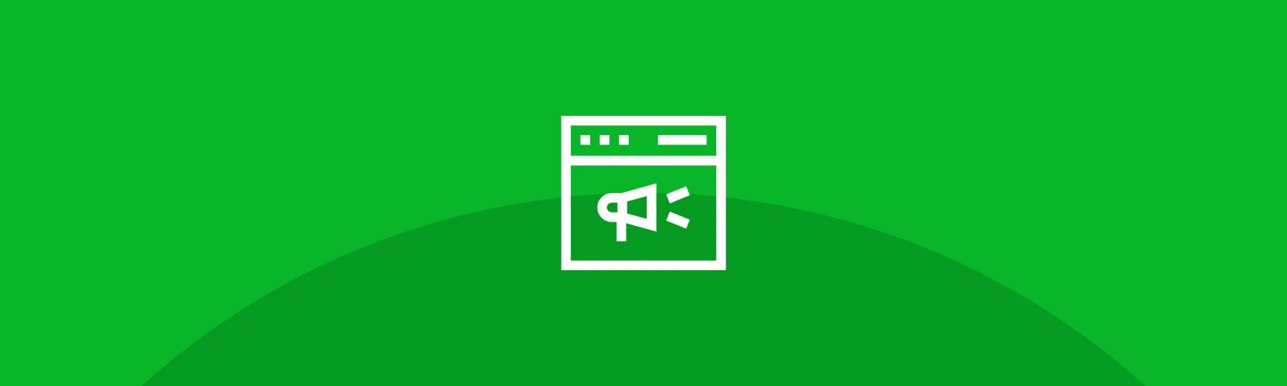 Green background with a white icon of a web page and the letter 'A' with an underline, representing digital marketing with a megaphone within a browser.