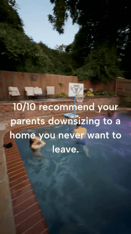 Backyard pool with two children swimming, surrounded by wooden fence and outdoor seating, with trees overhead; overlaid text recommends downsizing homes to children.
