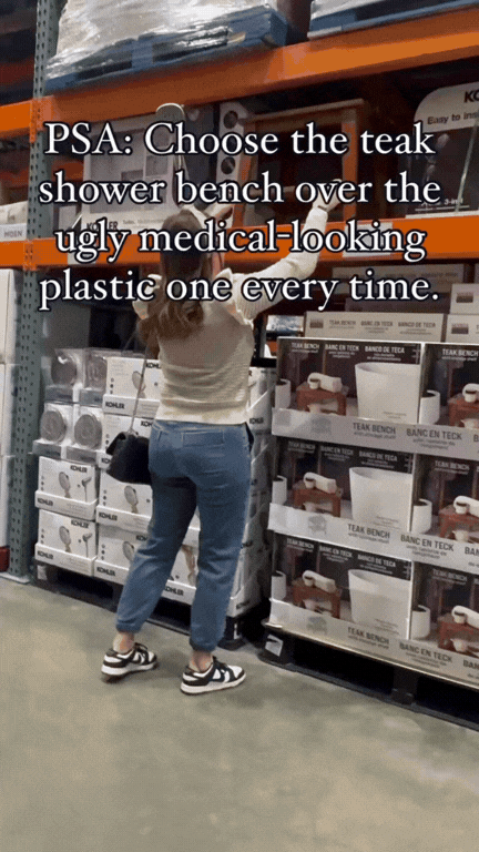 A woman shopping for a teak shower bench at a home goods store. The image features shelves stocked with boxes of teak shower benches and text overlay giving advice about choosing a teak shower bench over a plastic one.