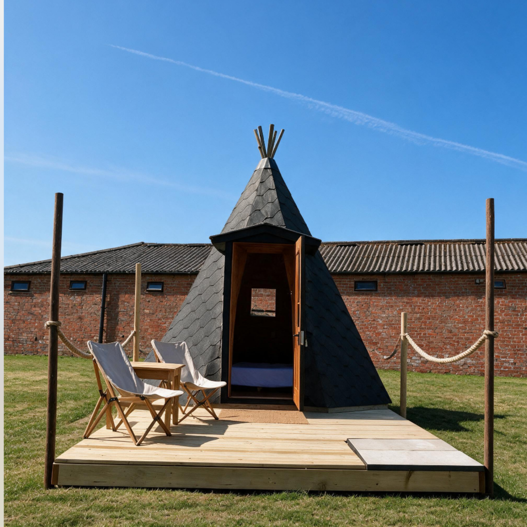 A small wooden deck with two chairs and a small table in front of a black teepee-shaped structure with a door, set on a grassy area with a brick wall and building in the background, under a clear blue sky.
