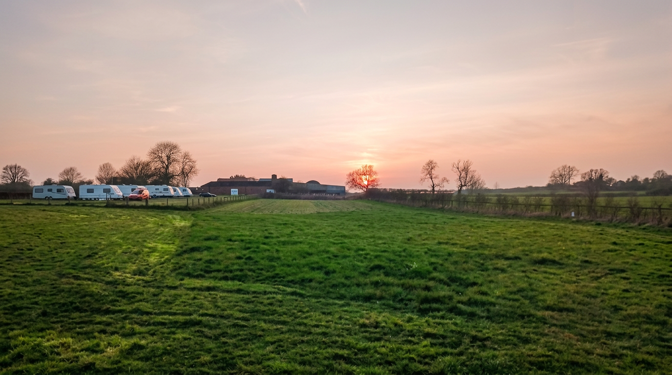 Green field at sunset with several trees and a row of parked caravans and cars in the distance.