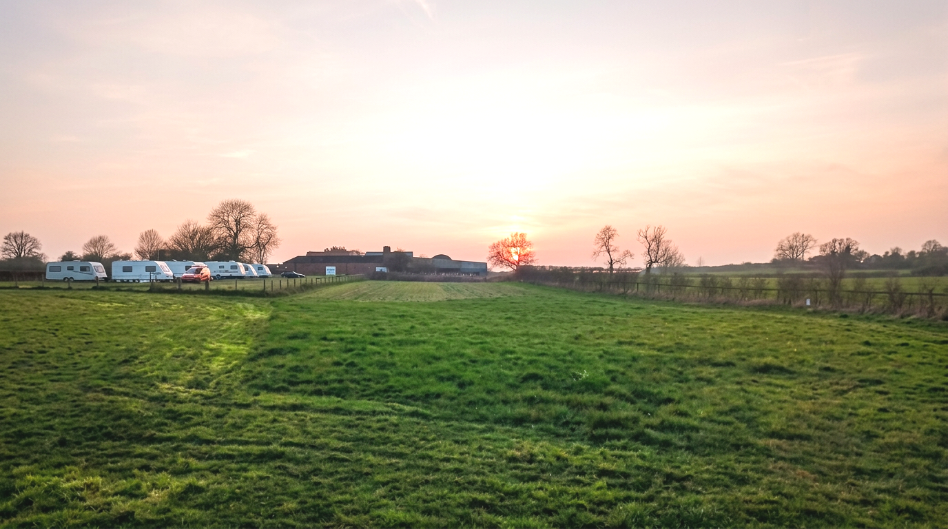 A field with green grass and trees in the distance at sunset, with a row of recreational vehicles parked along the far side of the field.