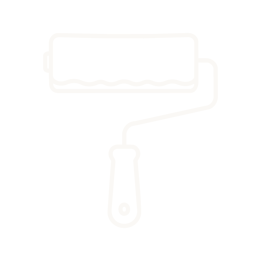 Simple white outline of a paint roller with a handle on a black background.