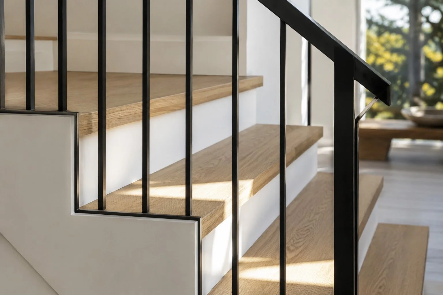 Close-up of a modern staircase with wooden steps, black metal railing, and white side panel, with sunlight casting shadows, and a blurred view of trees and a table in the background.