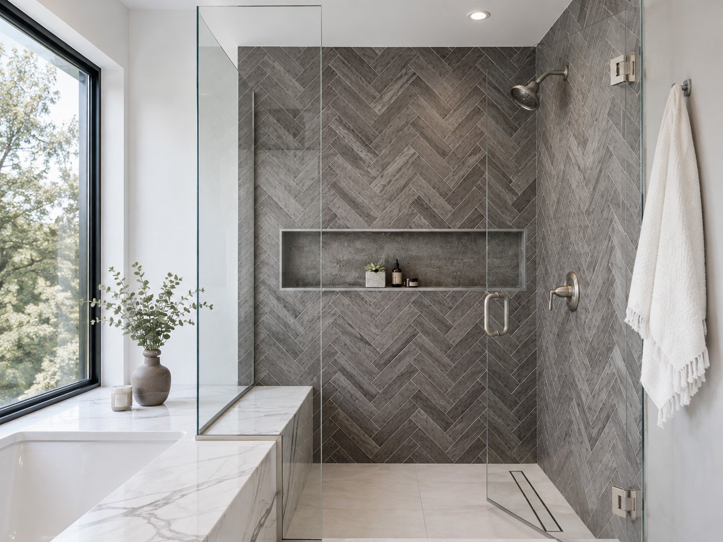 Modern bathroom with a walk-in shower featuring gray herringbone tiles and a built-in shelf, a white bathtub with marble surround, a large window with a plant and a candle on the ledge, and a white towel hanging on the wall.