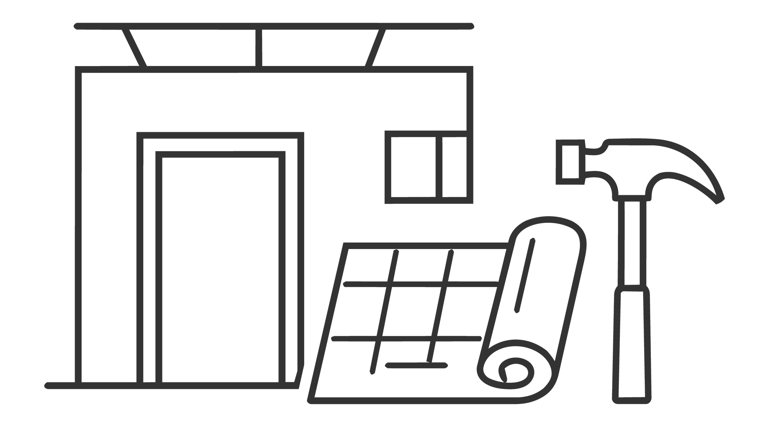 Outline drawing of a fire truck with an extendable ladder, a hose, and a water tank.
