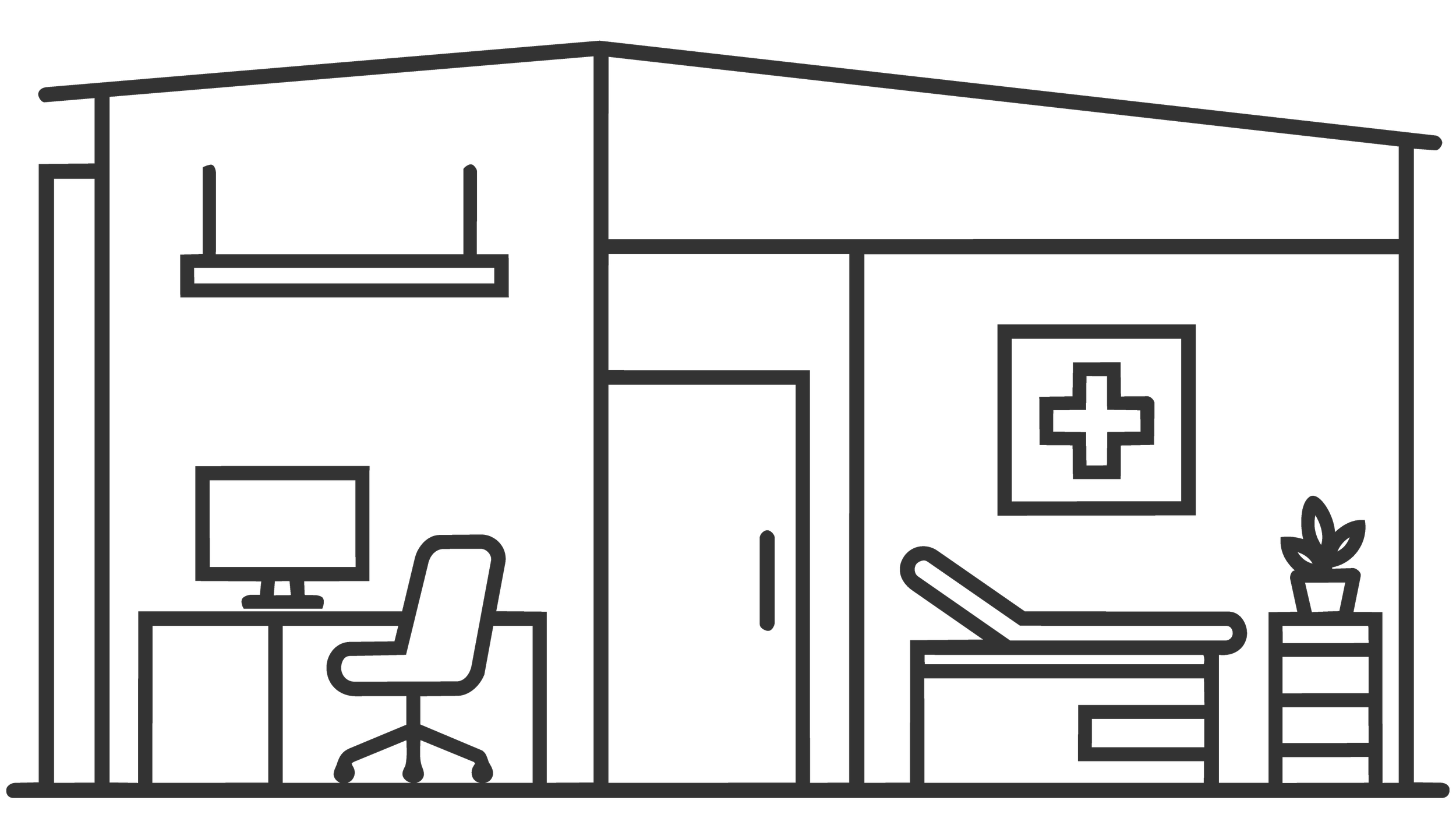 Outline of a medical clinic or healthcare facility with a reception area, desk, computer, chairs, and medical symbols, indicating a healthcare setting.