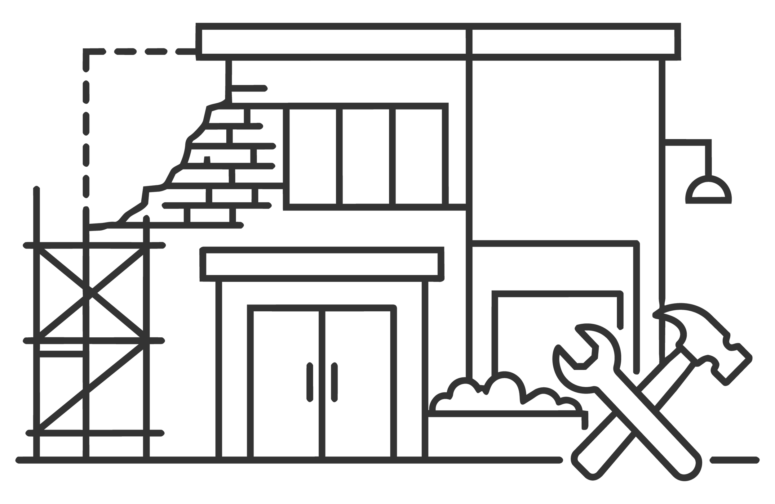 Outline diagram of a house with construction elements like stairs, scaffolding, and building materials.