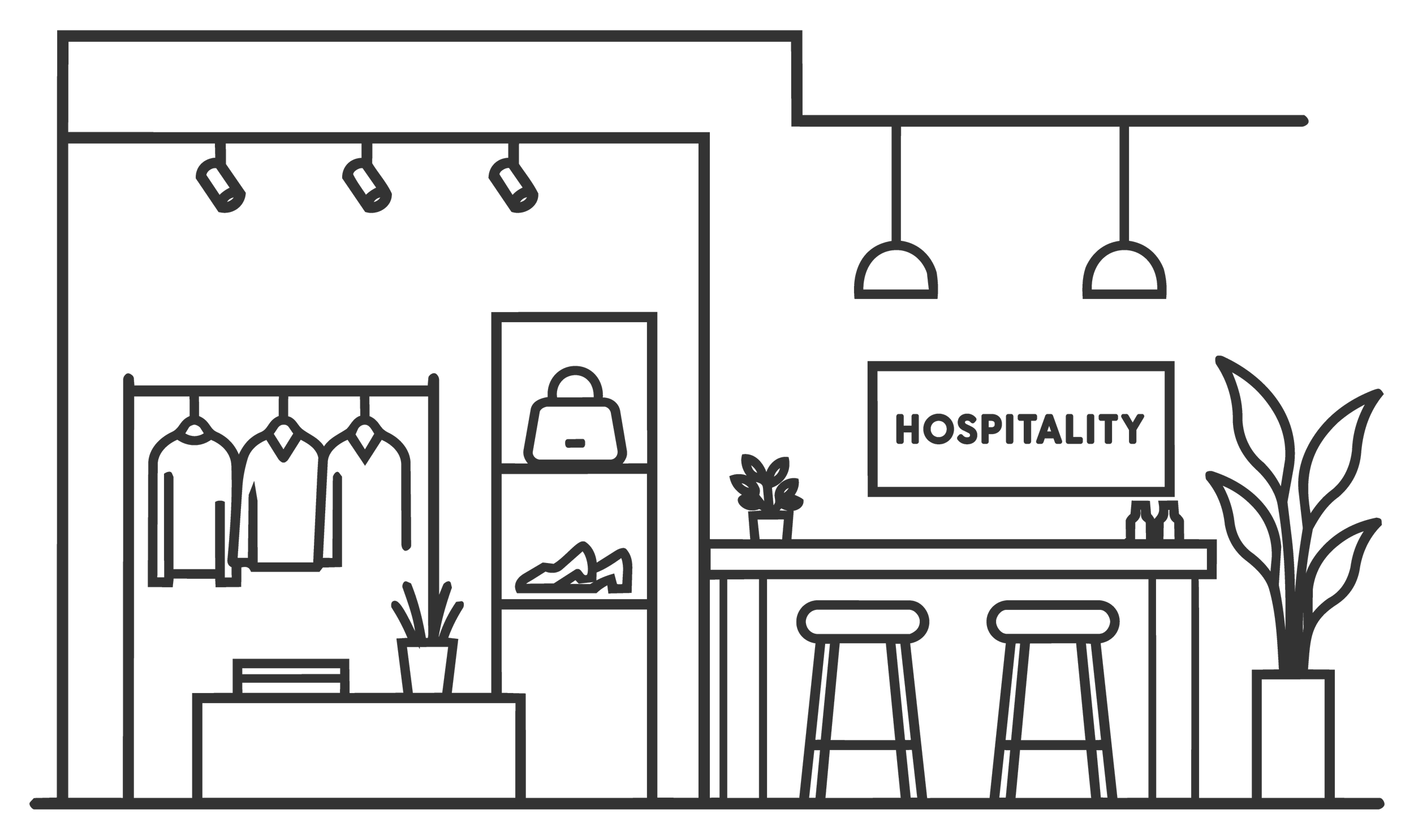 Line drawing of a retail store or cafe interior with clothing rack, plant, purse, shelves, stools, TV displaying 'HOSPITALITY', and decorative plants.